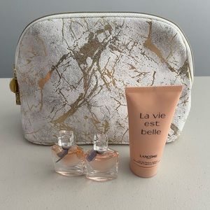 LANCOME La Vie Belle Eau De Parfume Mini Bottles/Body Lotion/Cosmetic Case NEW